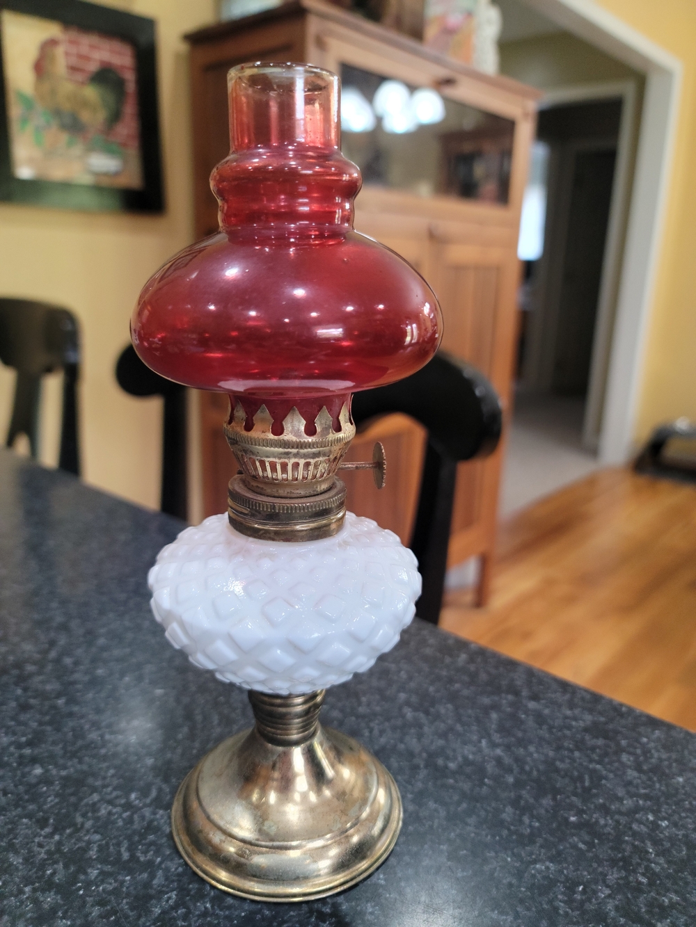 Vintage Mini Oil Lamp Wick Red Glass Chimney White Milk Glass Brass Base